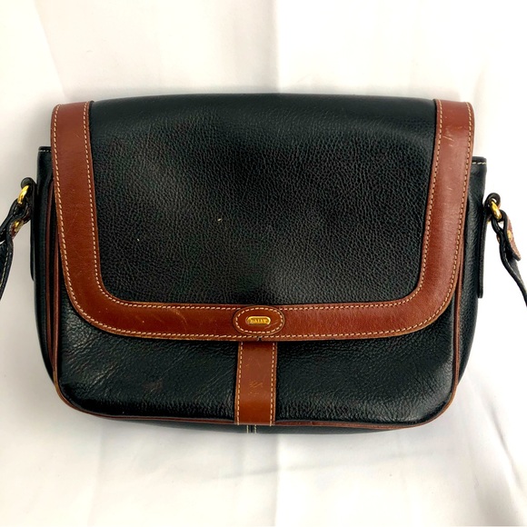 Bally Handbags - Vintage Bally of Switzerland Black leather w/ Tan Trim classic shoulder bag 80's